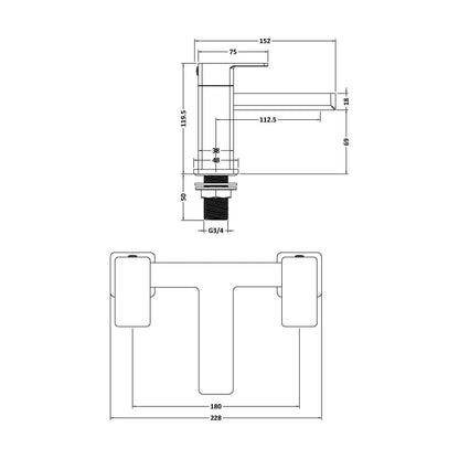 [BTC303] Milldale Square Dual Lever Deck Mounted Bath Filler Tap - Choice of Finish - Technical Drawing