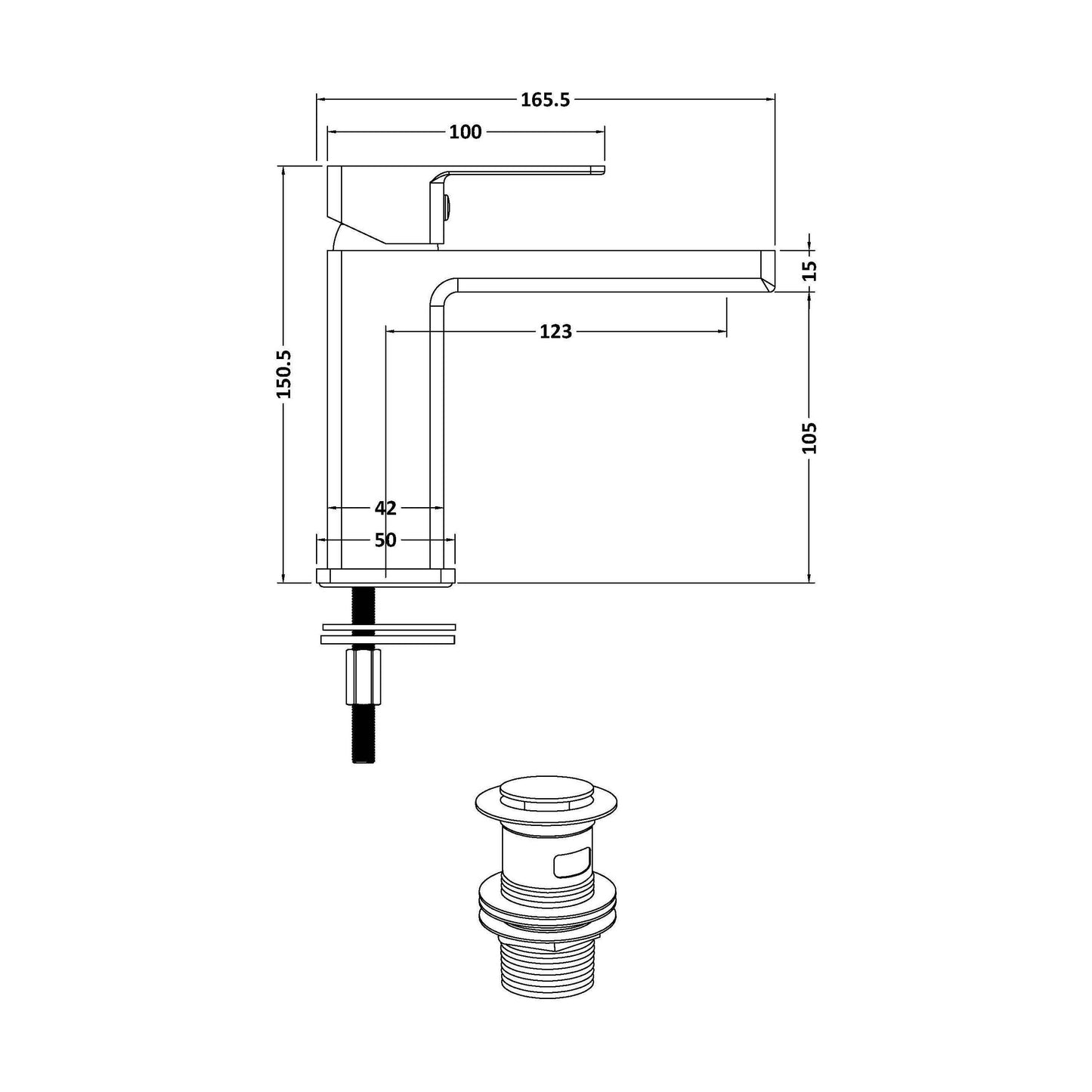 [BTC305] Milldale Contemporary Square Mono Basin Mixer Bathroom Sink Tap with Push Button Waste - Technical Drawing