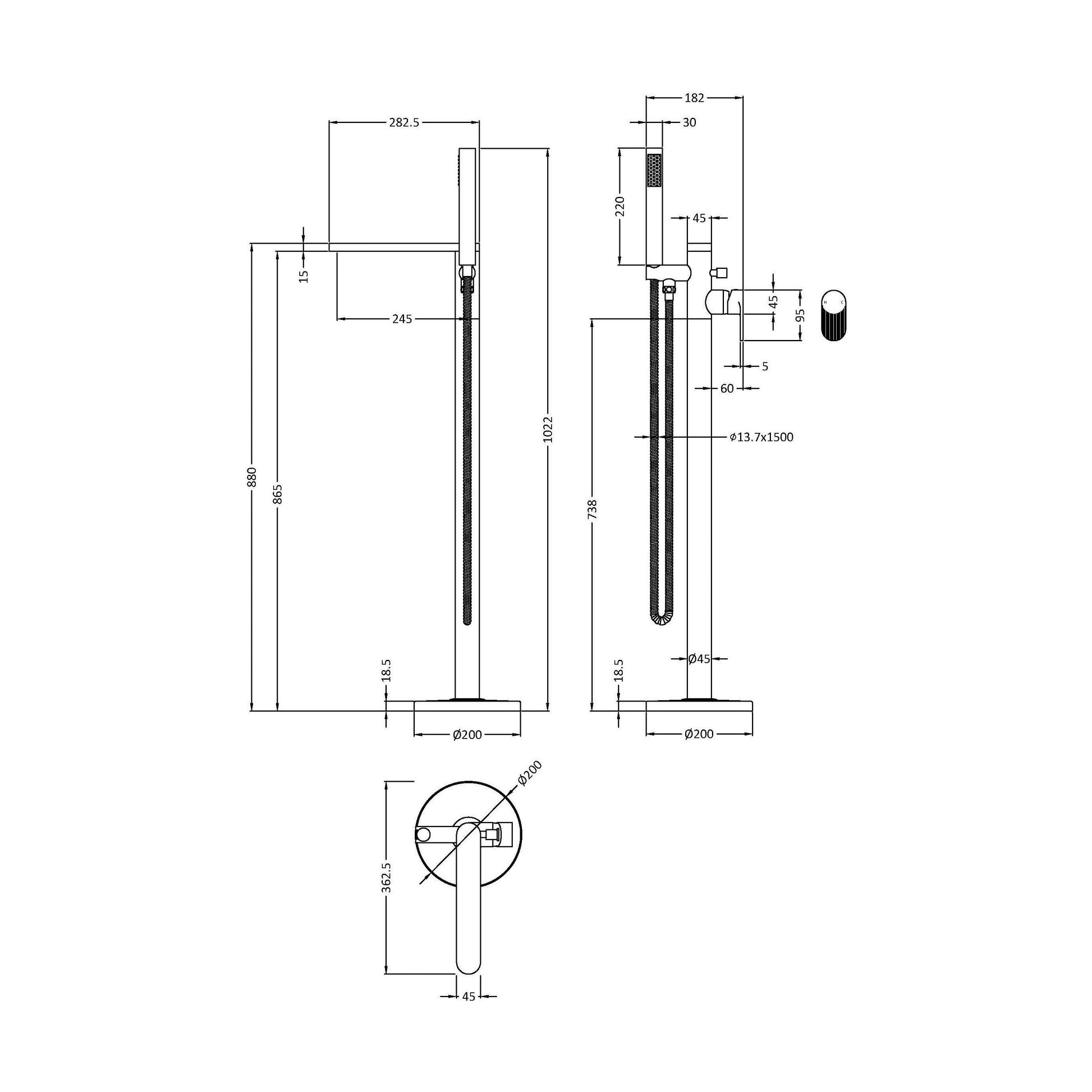 [BTC321F] Modern Freestanding Round Bath Shower Mixer Tap with Fluted Lever Handle and Kit - Chrome - Technical Drawing