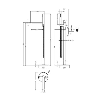 [BTC321F] Modern Freestanding Round Bath Shower Mixer Tap with Fluted Lever Handle and Kit - Chrome - Technical Drawing