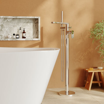 [BTC321F] Modern Freestanding Round Bath Shower Mixer Tap with Fluted Lever Handle and Kit - Chrome - Lifestyle 1