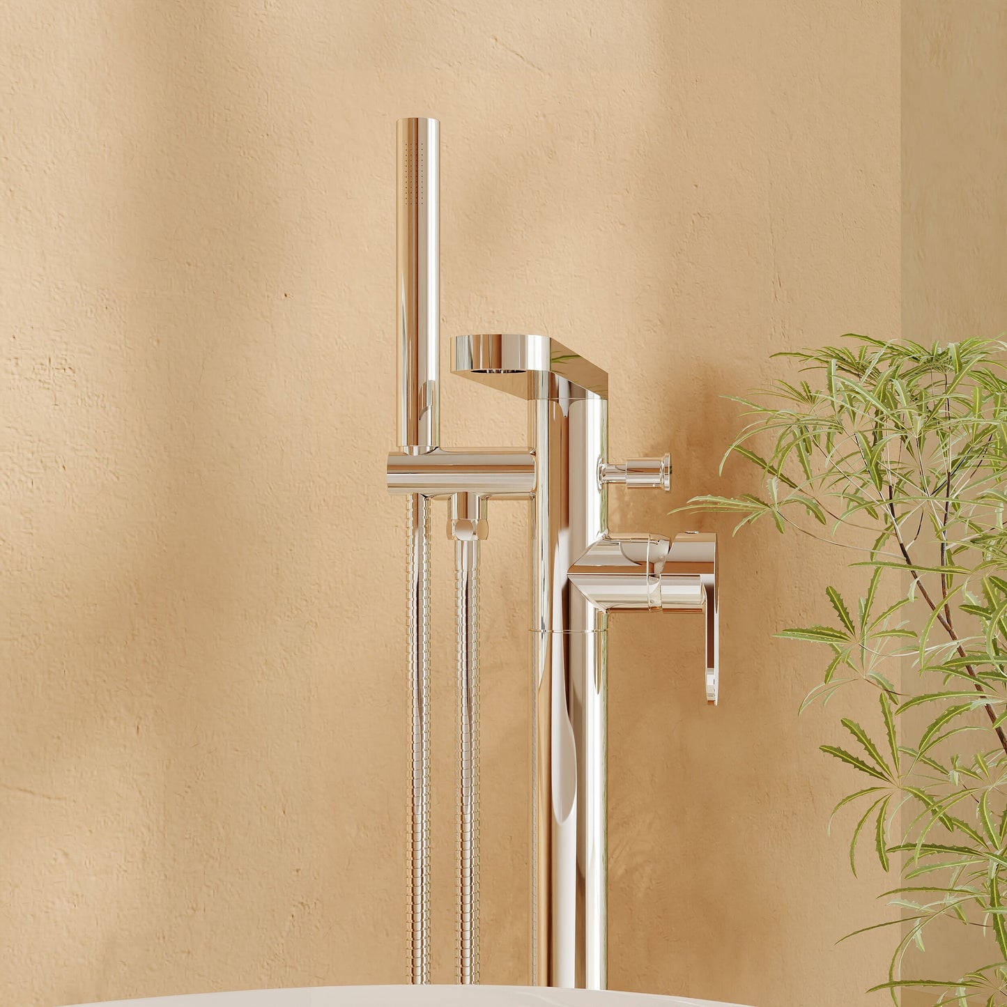 [BTC321F] Modern Freestanding Round Bath Shower Mixer Tap with Fluted Lever Handle and Kit - Chrome - Lifestyle 2