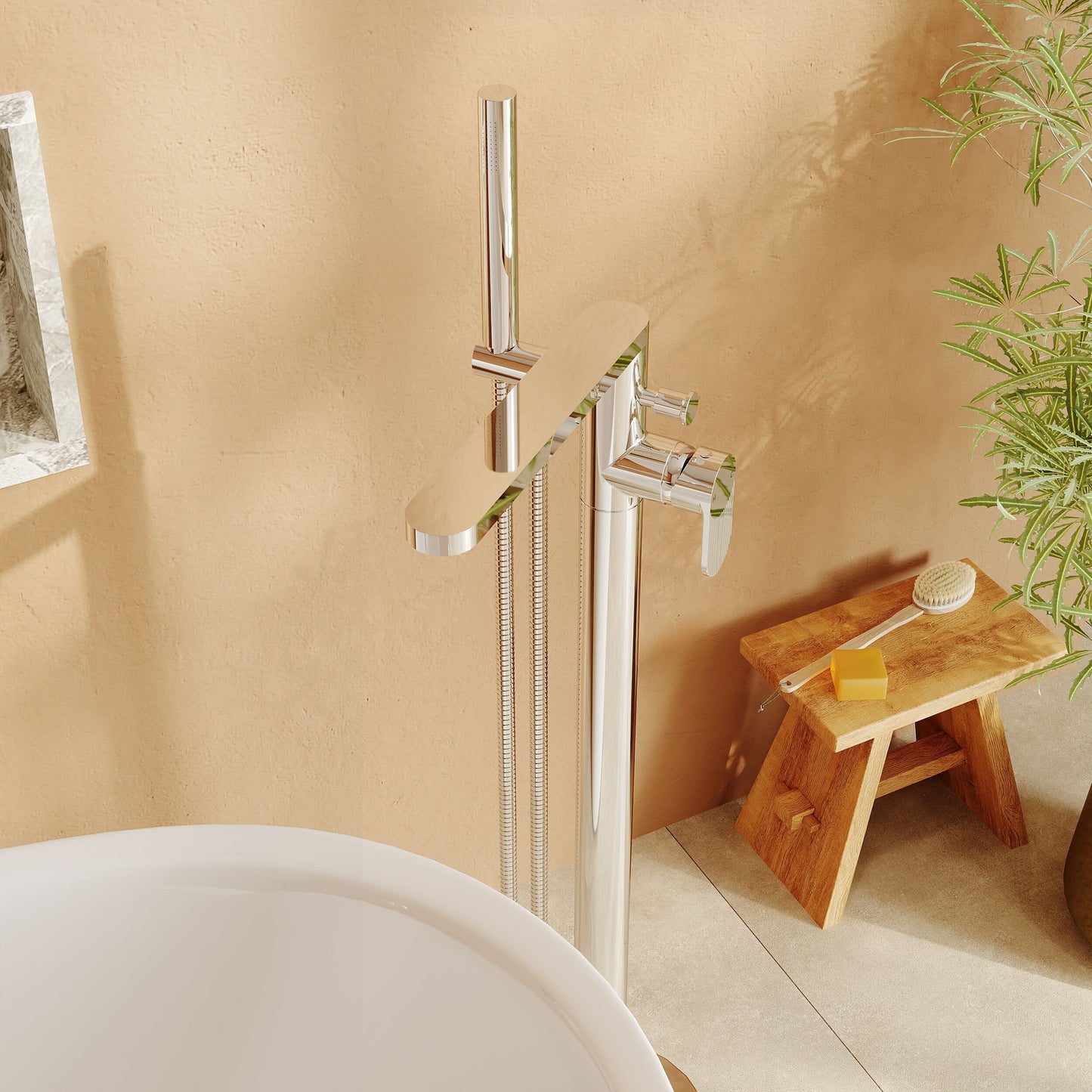 [BTC321F] Modern Freestanding Round Bath Shower Mixer Tap with Fluted Lever Handle and Kit - Chrome - Lifestyle 3