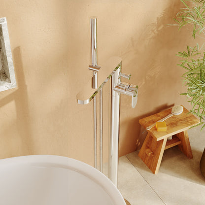 [BTC321F] Modern Freestanding Round Bath Shower Mixer Tap with Fluted Lever Handle and Kit - Chrome - Lifestyle 3