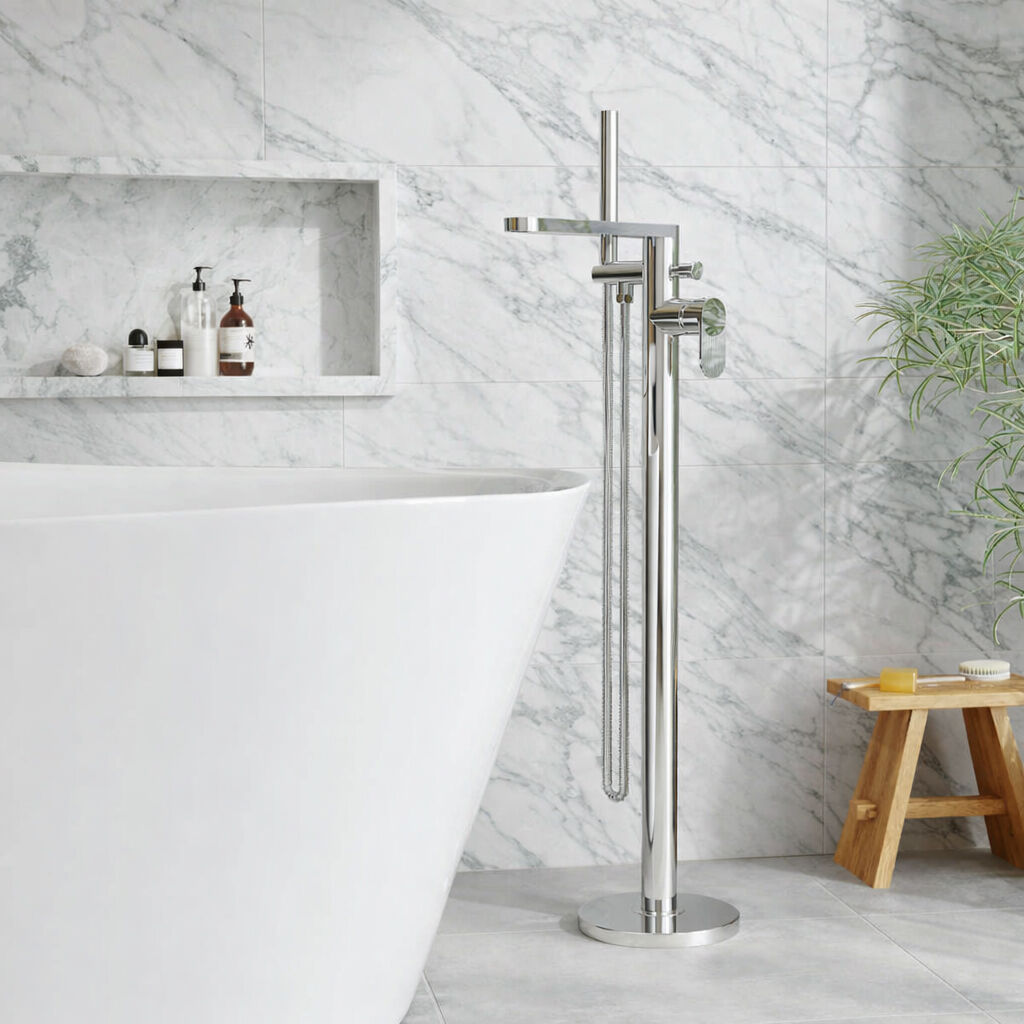 [BTC321F] Modern Freestanding Round Bath Shower Mixer Tap with Fluted Lever Handle and Kit - Choice of Colour - Silo