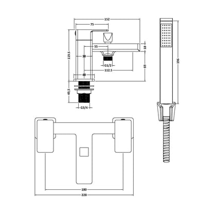 [BTC404] Milldale Square Deck Mounted Dual Lever Bath Shower Mixer Tap with Kit - Choice of Finish - Technical Drawing