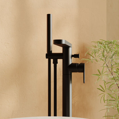[BTC421F] Modern Freestanding Round Bath Shower Mixer Tap with Fluted Lever Handle and Kit - Matt Black - Lifestyle 2