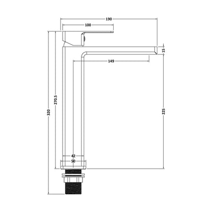 [BTC470] Milldale Contemporary Square Tall High Rise Mono Basin Mixer Tap - Choice of Finish - Technical Drawing