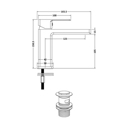 [BTC805] Milldale Contemporary Square Mono Basin Mixer Bathroom Sink Tap with Push Button Waste - Technical Drawing