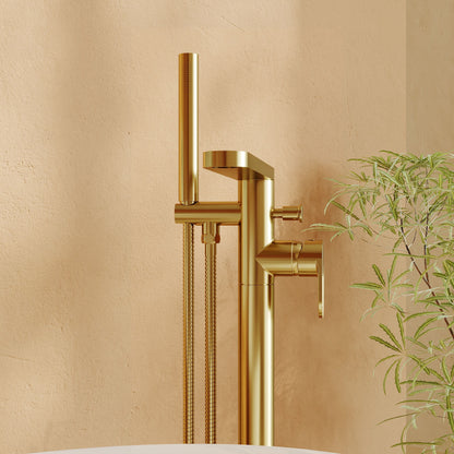 [BTC821F] Balterley Modern Freestanding Round Bath Shower Mixer Tap with Fluted Lever Handle and Shower Kit - Brushed Brass Finish - Lifestyle 2
