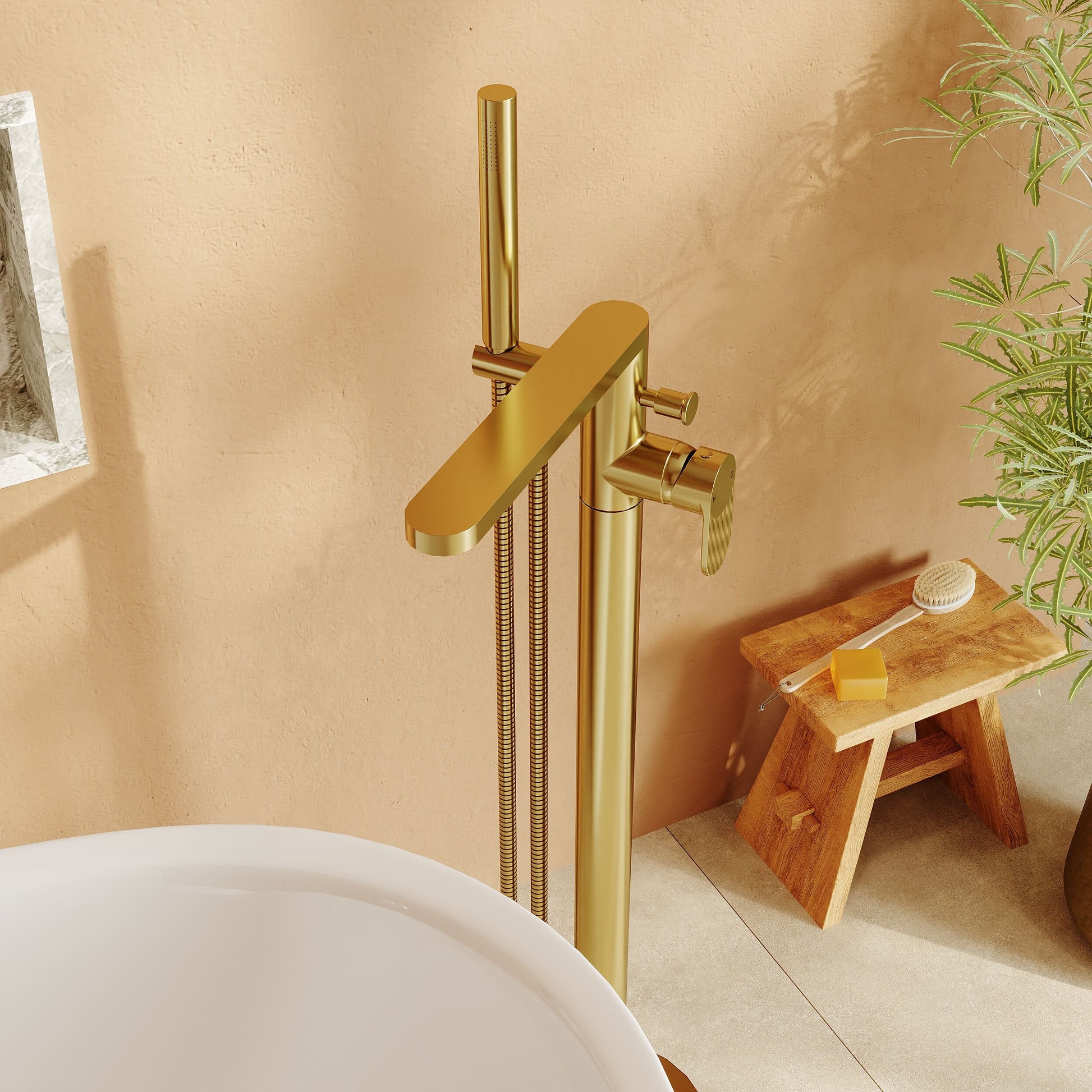 [BTC821F] Balterley Modern Freestanding Round Bath Shower Mixer Tap with Fluted Lever Handle and Shower Kit - Brushed Brass Finish - Lifestyle 3
