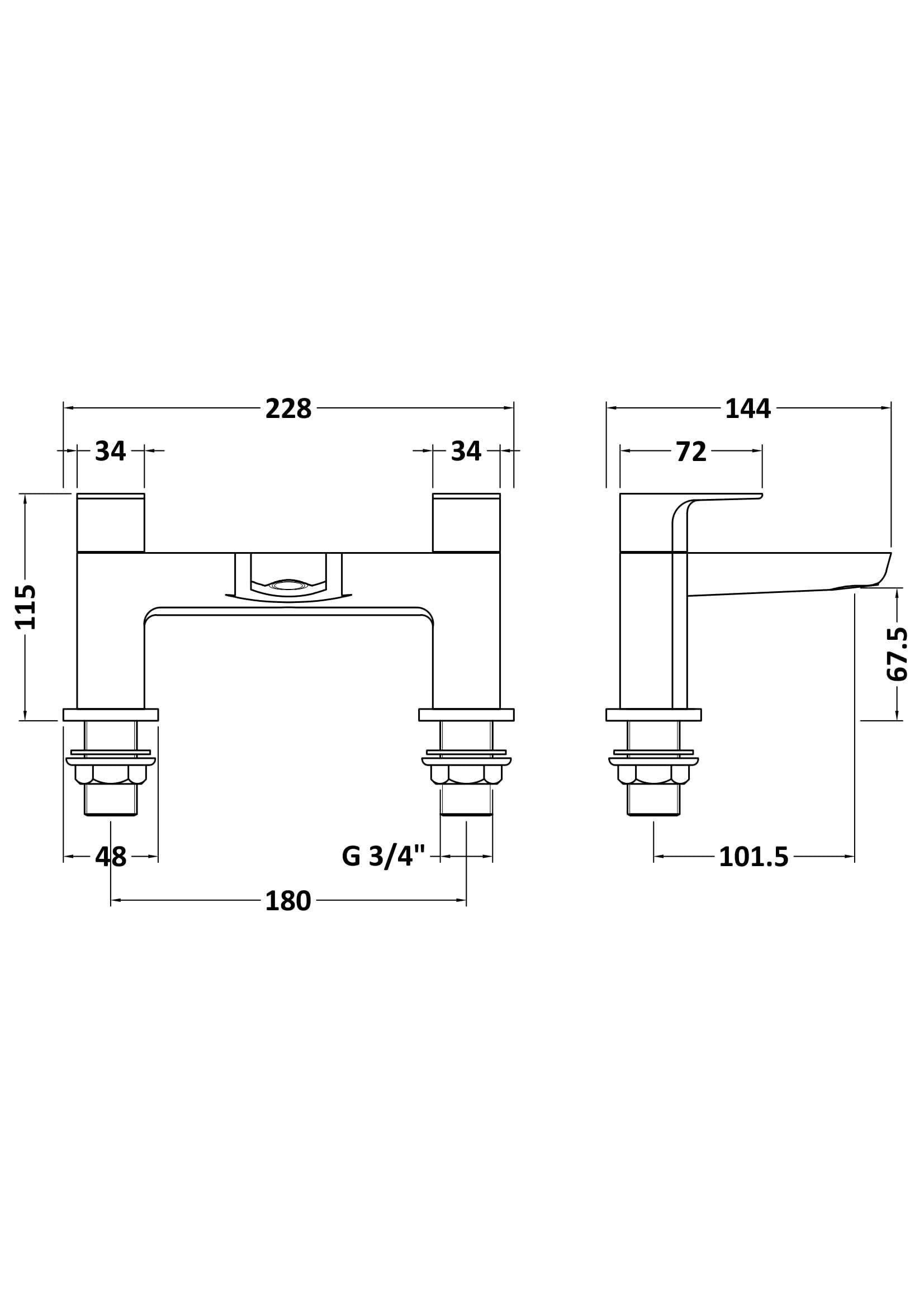 [BTCL303] Contemporary Soft Square Deck Mounted Dual Lever Bath Filler Tap, Choice of Colour - Line Drawing