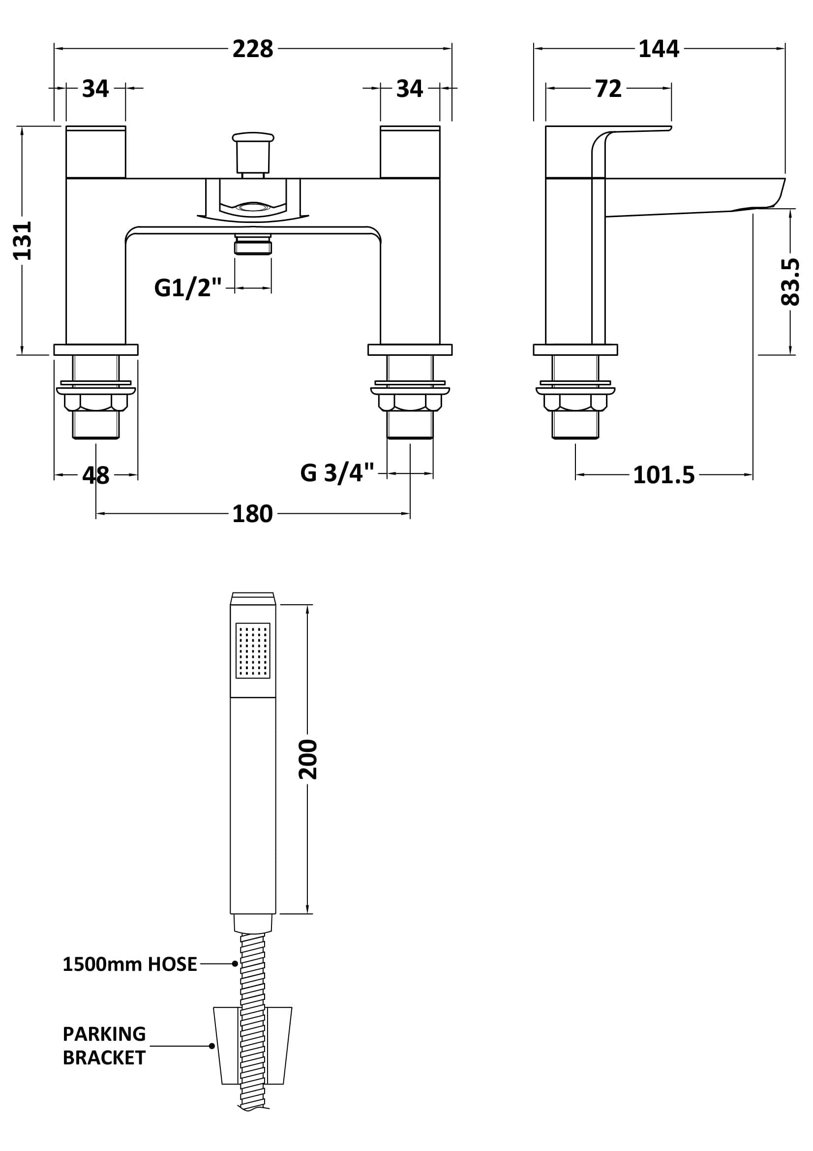 [BTCL804] Contemporary Deck Mounted Dual Lever Bath Shower Mixer Tap with Kit, Choice of Colour - Line Drawing