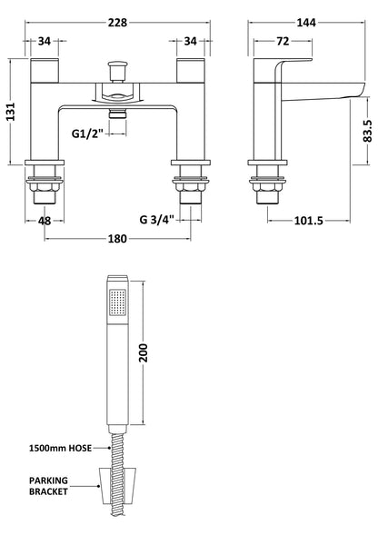 [BTCL804] Contemporary Deck Mounted Dual Lever Bath Shower Mixer Tap with Kit, Choice of Colour - Line Drawing