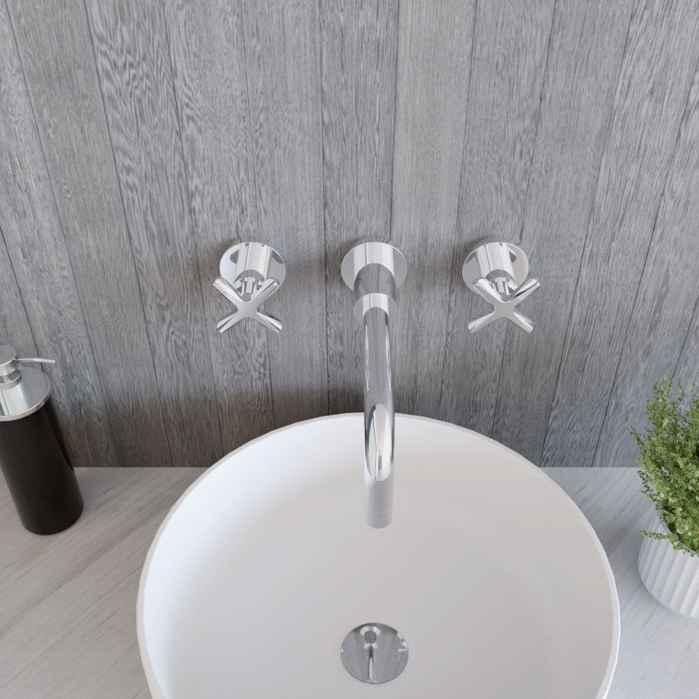 [BTCN317X] Levedale Wall Mount 3 Tap Hole Basin Mixer Tap with Crosshead Handles - Choice of Finish - Lifestyle 2