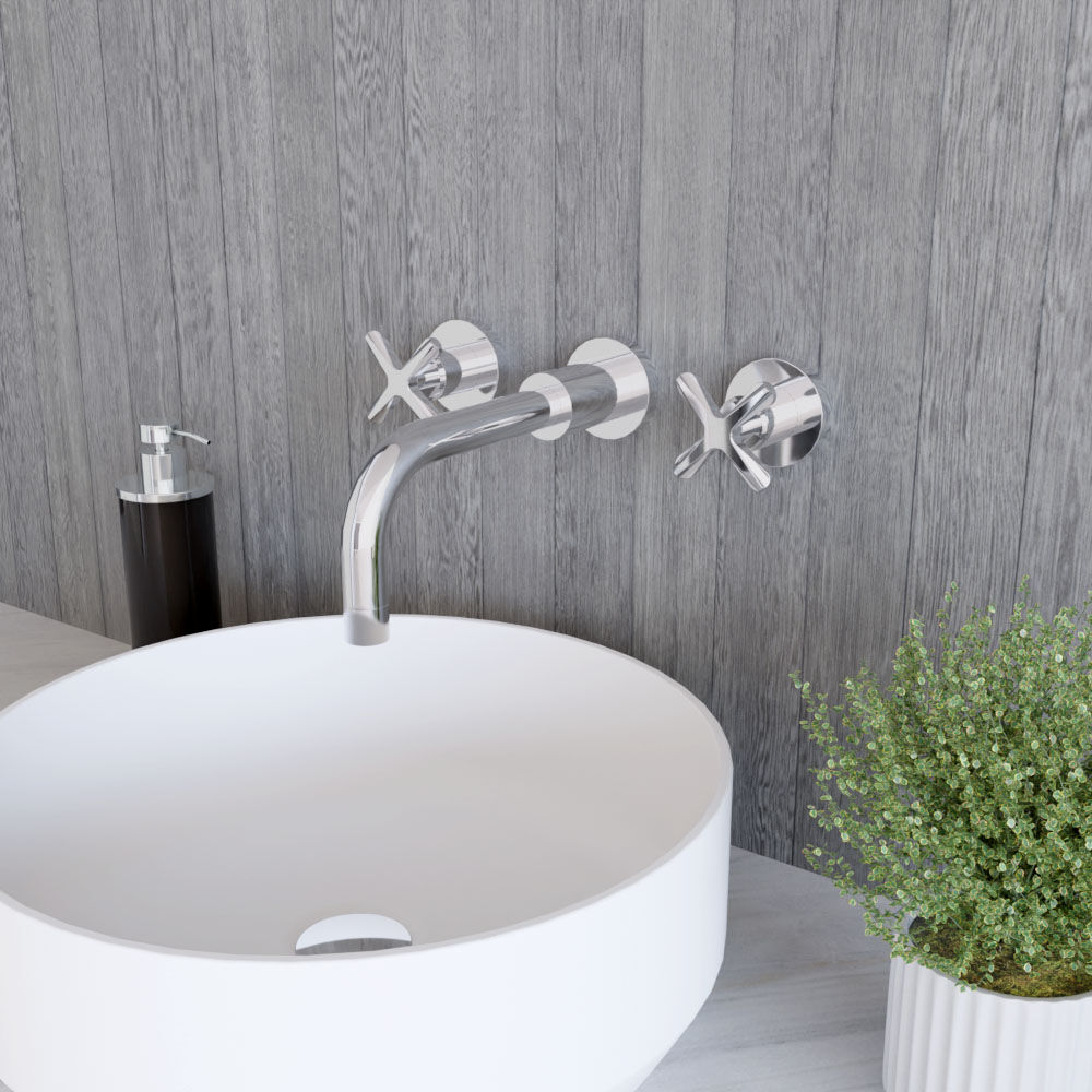 [BTCN317X] Levedale Wall Mount 3 Tap Hole Basin Mixer Tap with Crosshead Handles - Choice of Finish - Lifestyle 3