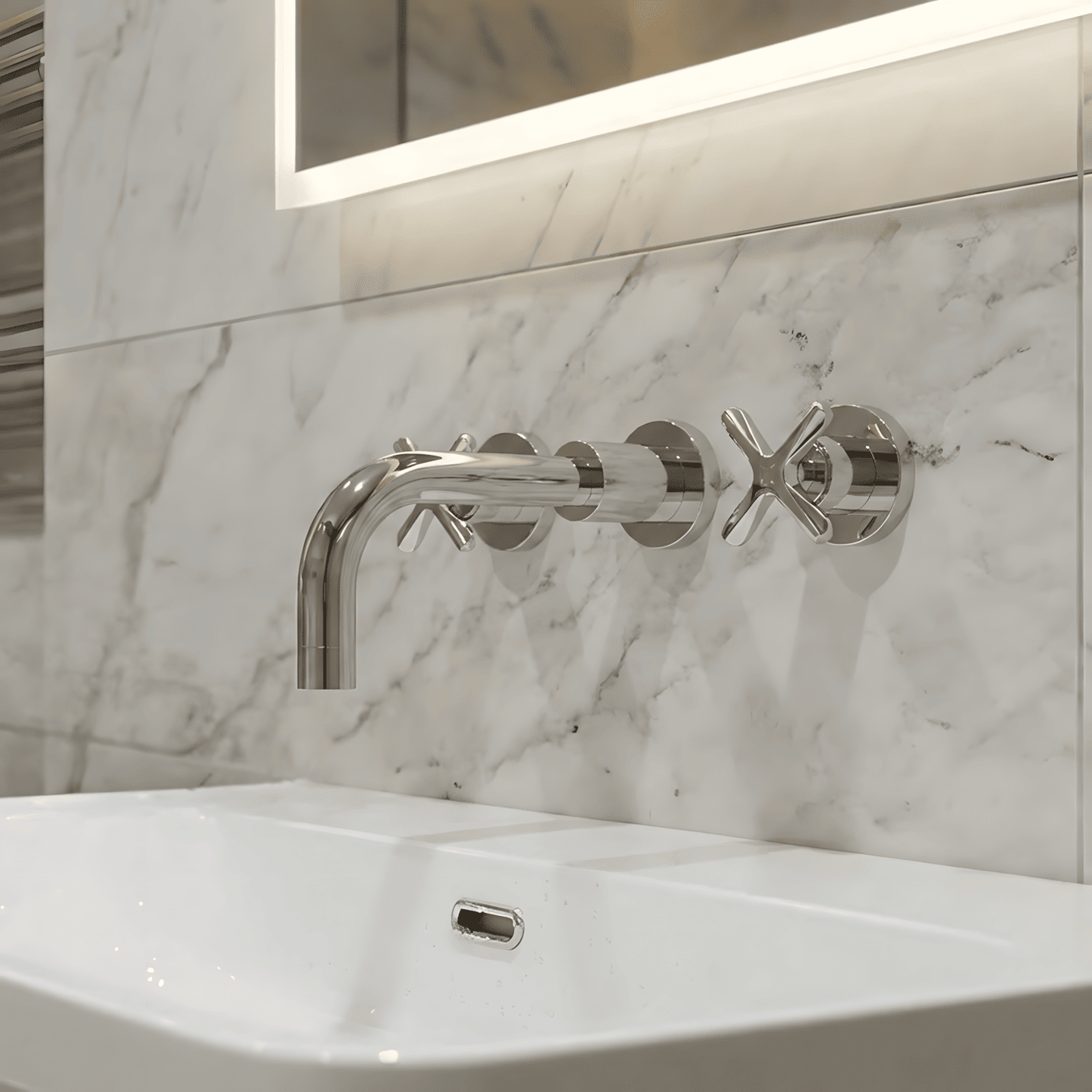 [BTCN317X] Levedale Wall Mount 3 Tap Hole Basin Mixer Tap with Crosshead Handles - Choice of Finish - Silo