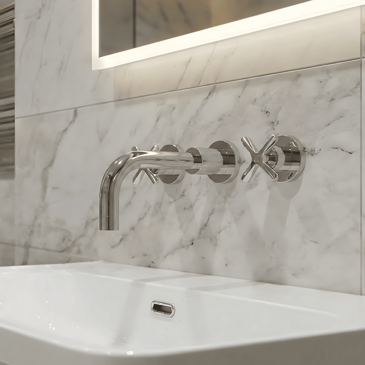[BTCN317X] Levedale Wall Mount 3 Tap Hole Basin Mixer Tap with Crosshead Handles - Choice of Finish - Silo