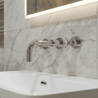 [BTCN317X] Levedale Wall Mount 3 Tap Hole Basin Mixer Tap with Crosshead Handles - Choice of Finish - Silo