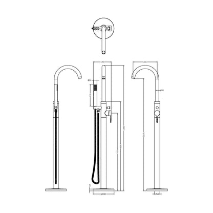 [BTCN321X] Levedale Floor Standing Bath Shower Mixer Tap with Shower Kit - Choice of Colour - Technical Drawing