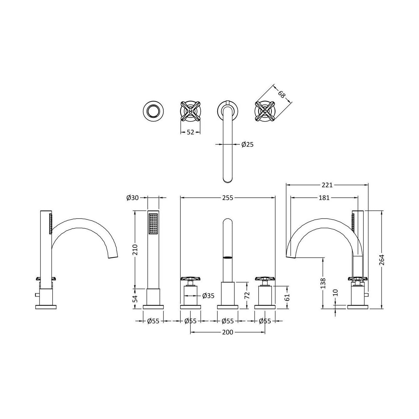 [BTCN334X] Levedale Crosshead Handle 4 Tap Hole Bath Shower Mixer Tap with Shower Kit, 236 x 345 x 207mm, Chrome - Technical Drawing
