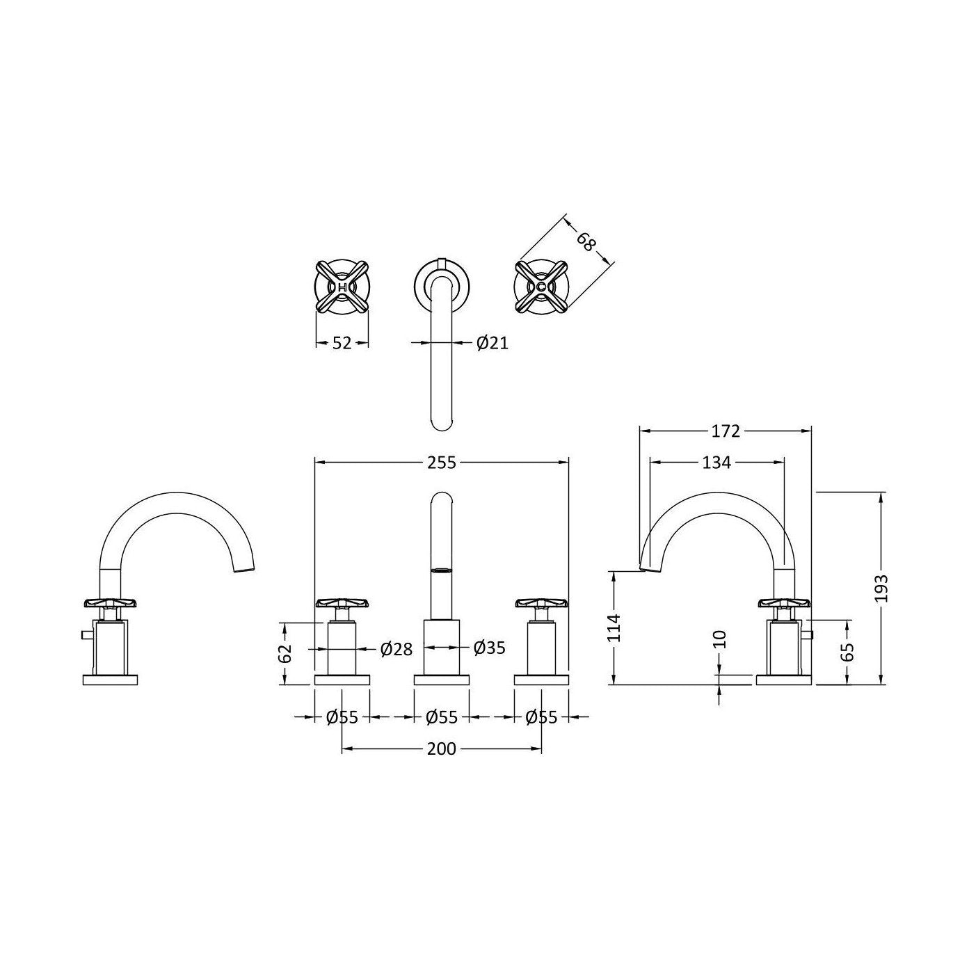 [BTCN337X] Levedale Crosshead Handle Deck Mounted 3 Tap Hole Basin Mixer Tap, 190 x 130 x 175mm, Chrome - Technical Drawing
