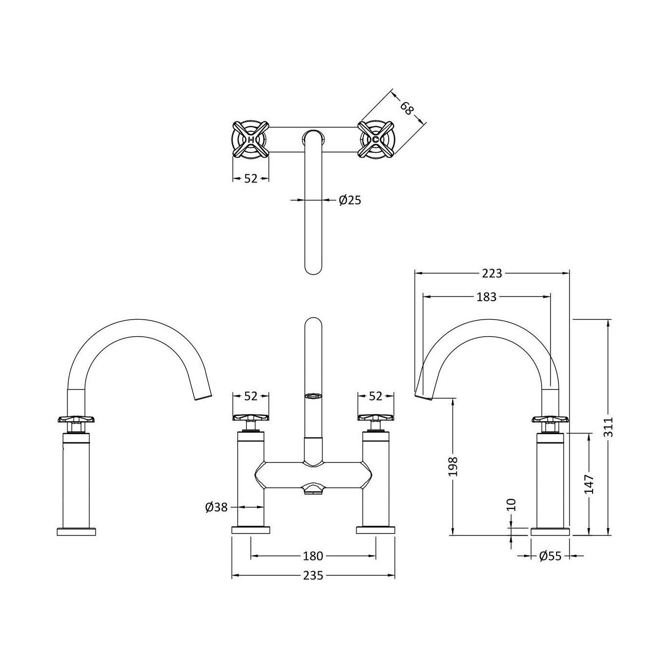 [BTCN353X] Levedale Deck Mounted Bath Filler Tap with Crosshead Handles - Choice of Finish - Technical Drawing