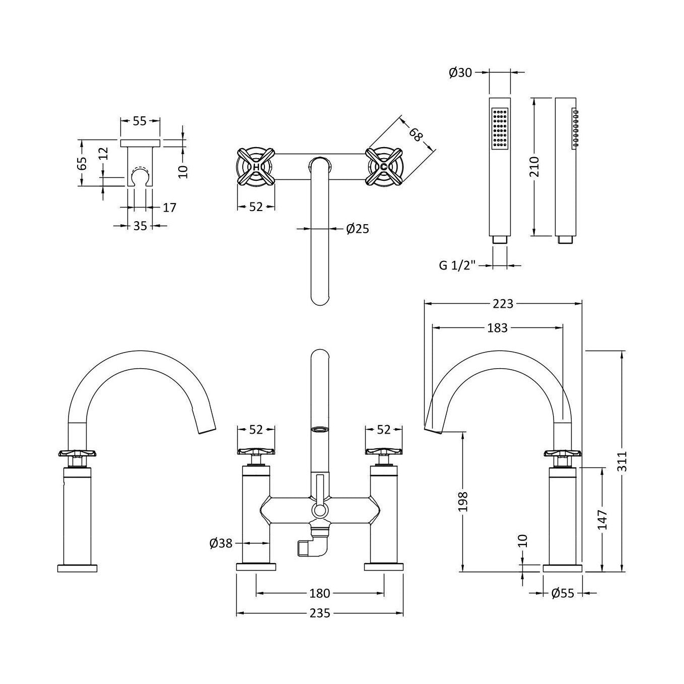 [BTCN354X] Levedale Crosshead Handle Deck Mounted Bath Shower Mixer Tap with Kit, 319 x 230 x 50mm, Chrome - Technical Drawing