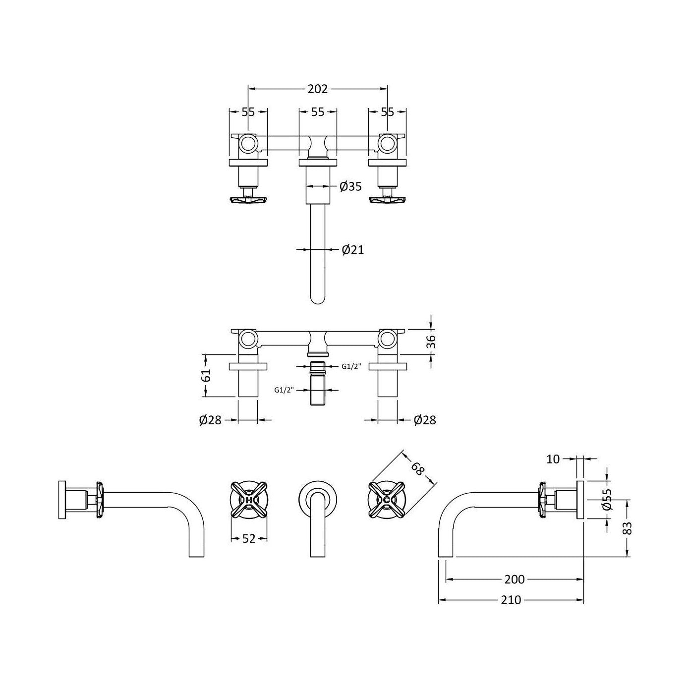 [BTCN417X] Levedale Wall Mount 3 Tap Hole Basin Mixer Tap with Crosshead Handles - Choice of Finish - Technical Drawing