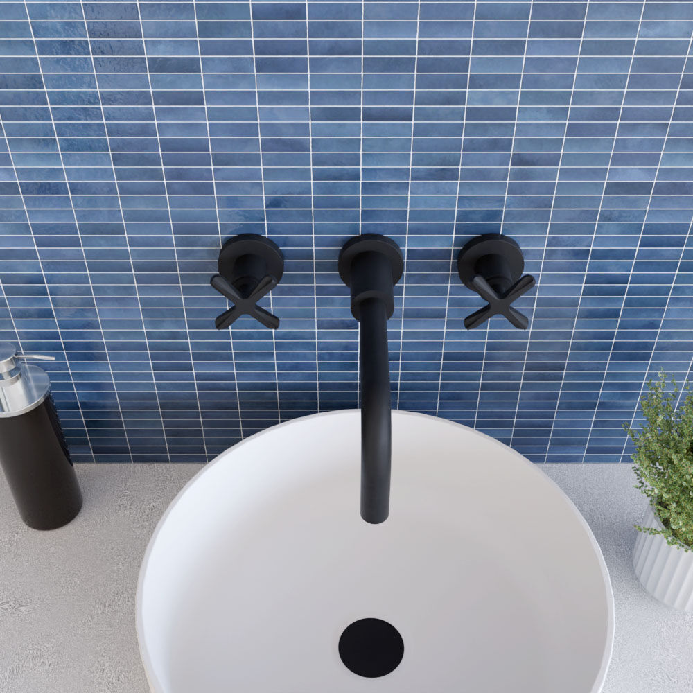 [BTCN417X] Levedale Wall Mount 3 Tap Hole Basin Mixer Tap with Crosshead Handles - Choice of Finish - Lifestyle 2