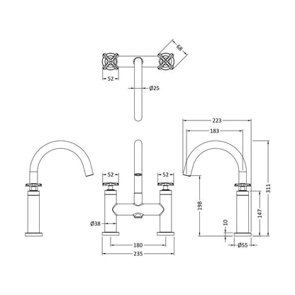 [BTCN453X] Levedale Deck Mounted Bath Filler Tap with Crosshead Handles - Choice of Finish - Technical Drawing