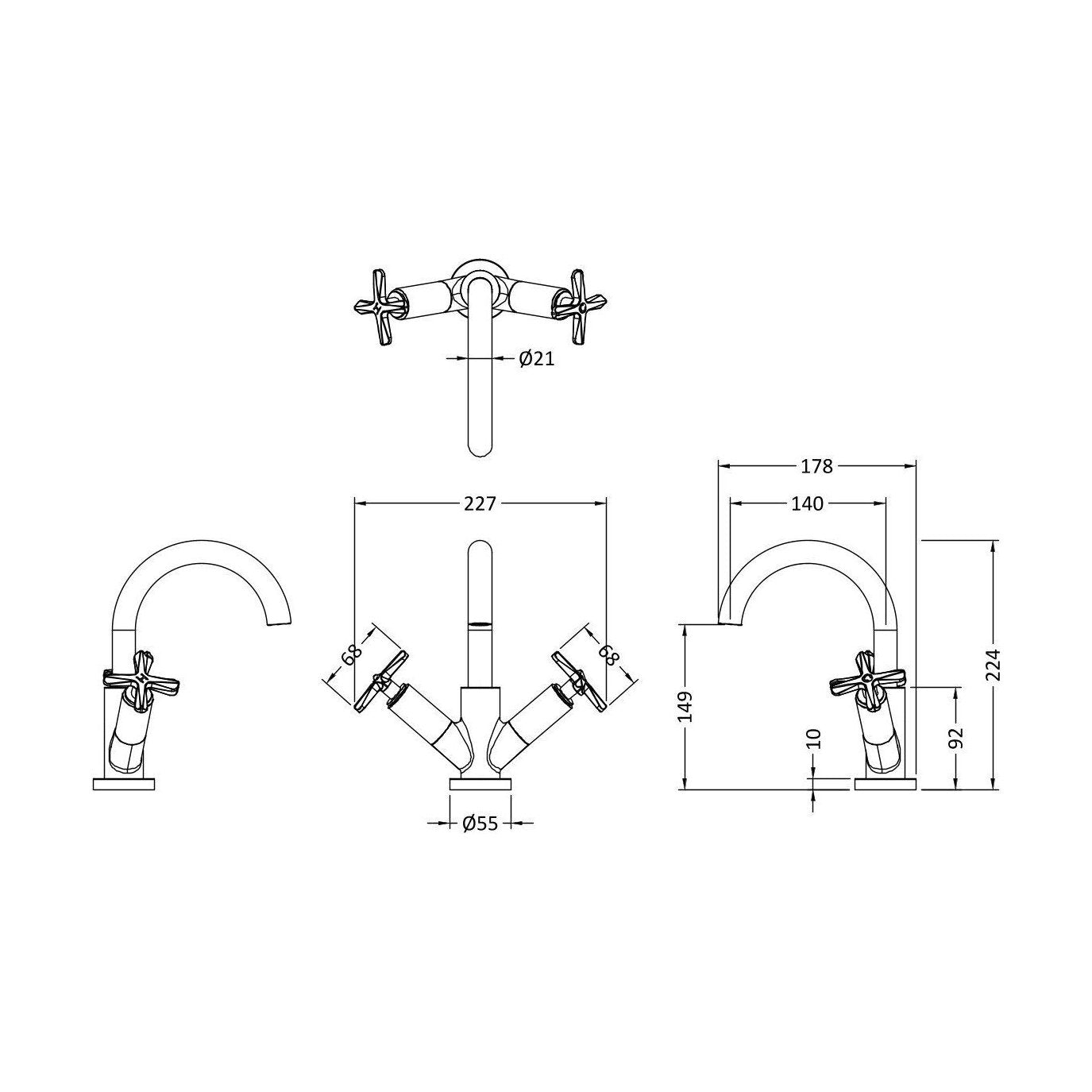 [BTCN815X] Levedale Mono Basin Mixer Tap with Crosshead Handles and Waste - Choice of Finish - Technical Drawing