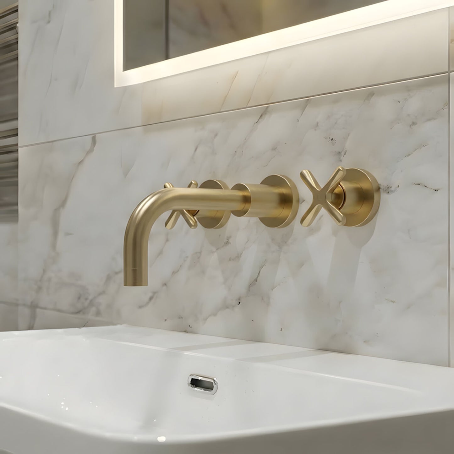 [BTCN817X] Levedale Wall Mount 3 Tap Hole Basin Mixer Tap with Crosshead Handles - Choice of Finish - Silo