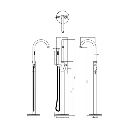 [BTCN821X] Levedale Floor Standing Bath Shower Mixer Tap with Shower Kit - Choice of Colour - Technical Drawing