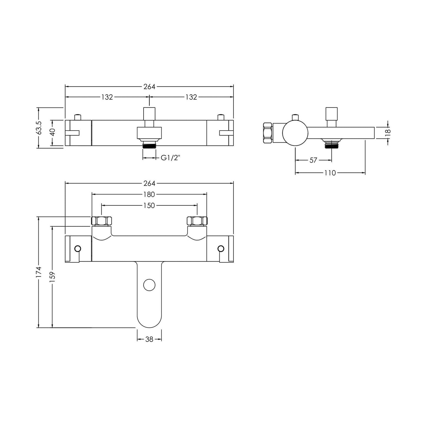 [BTCU005] Balterley Current Round Thermostatic Bath Shower Mixer Bar Valve Tap with Anti-Scald Control - Chrome Finish - Technical Drawing