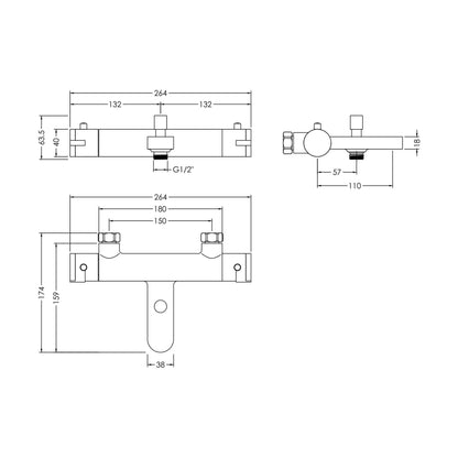 [BTCU005] Balterley Current Round Thermostatic Bath Shower Mixer Bar Valve Tap with Anti-Scald Control - Chrome Finish - Technical Drawing