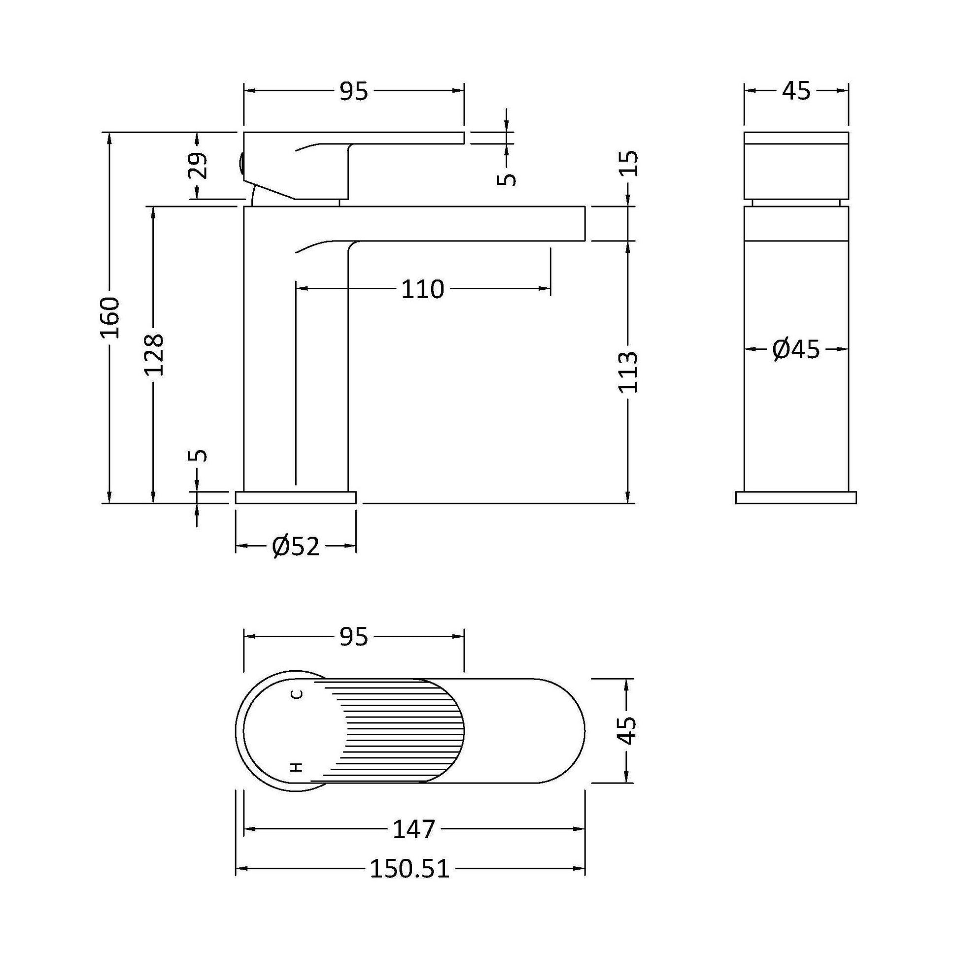 [BTCU1505F] Fluted Mono Basin Mixer P/B Waste - Technical Drawing