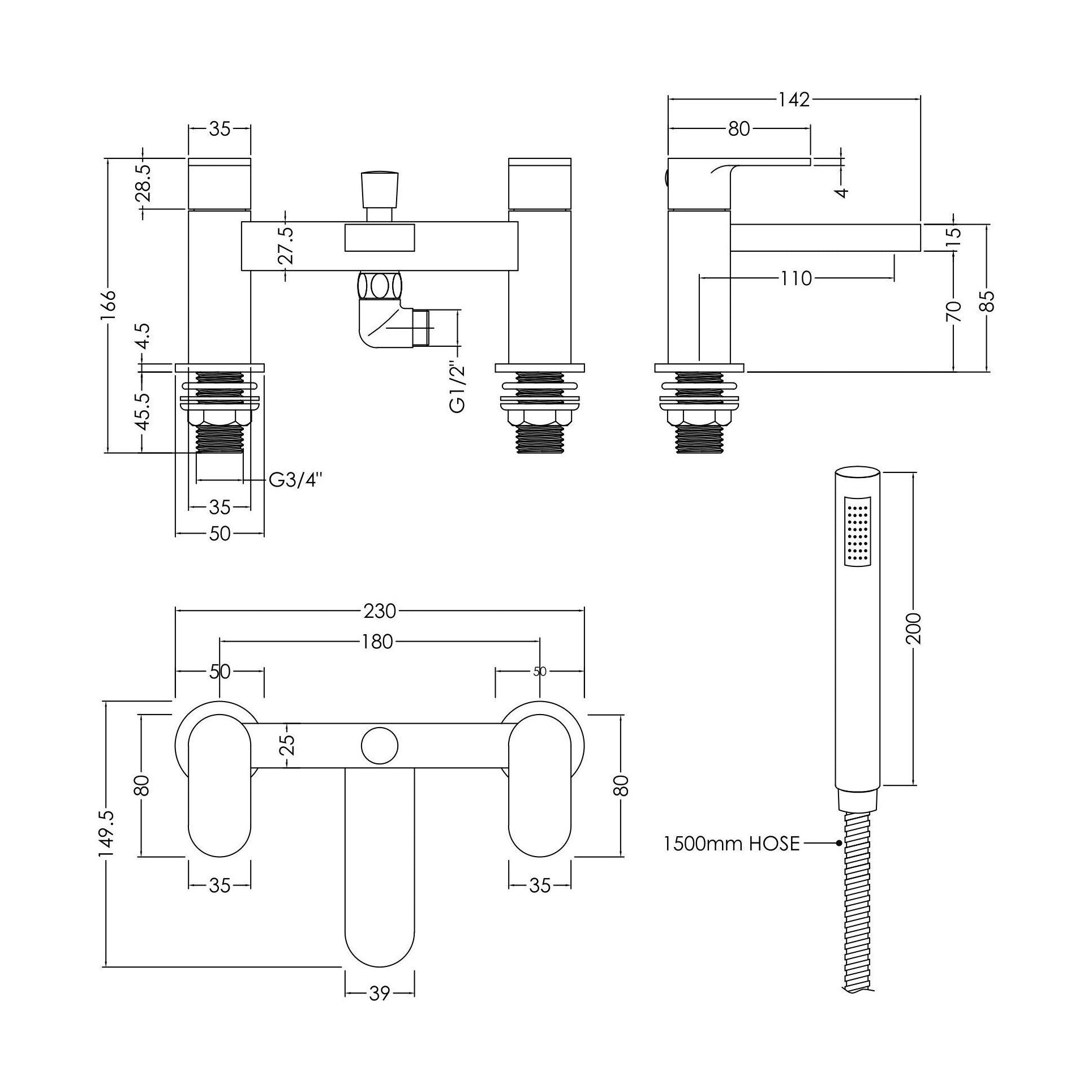 [BTCU304] Balterley Current Modern Deck Mount Round Bath Shower Mixer Tap with Shower Kit, Flat Spout - Polished Chrome Finish - Technical Drawing