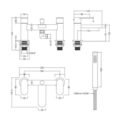 [BTCU304] Balterley Current Modern Deck Mount Round Bath Shower Mixer Tap with Shower Kit, Flat Spout - Polished Chrome Finish - Technical Drawing