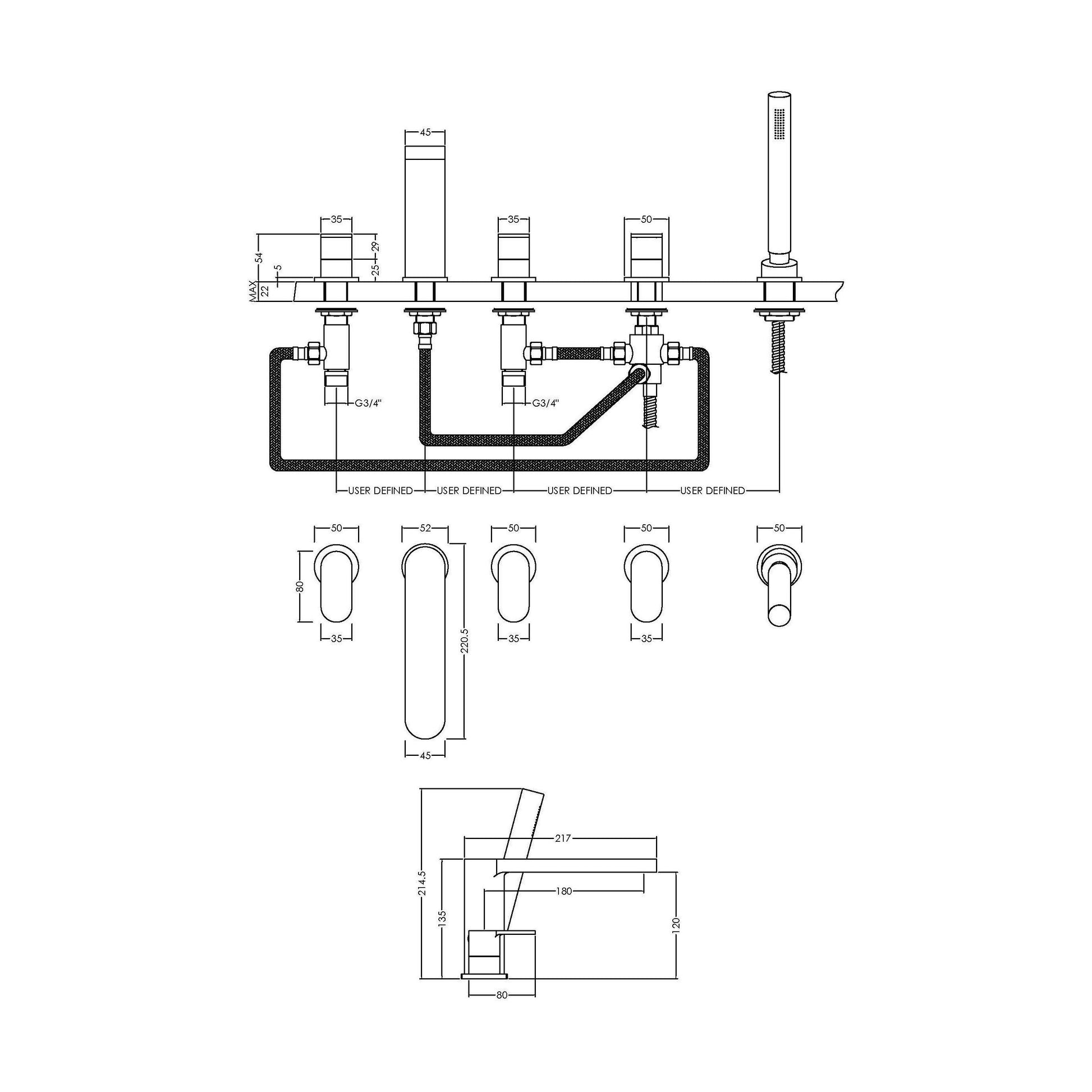 [BTCU314] Balterley Current Deck Mounted Round 5 Tap Hole Bath Shower Mixer Tap with Diverter, Spout & Shower Kit - Chrome Finish - Technical Drawing