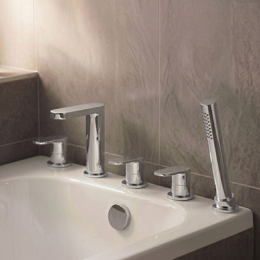 [BTCU314] Balterley Current Deck Mounted Round 5 Tap Hole Bath Shower Mixer Tap with Diverter, Spout & Shower Kit - Chrome Finish - Silo