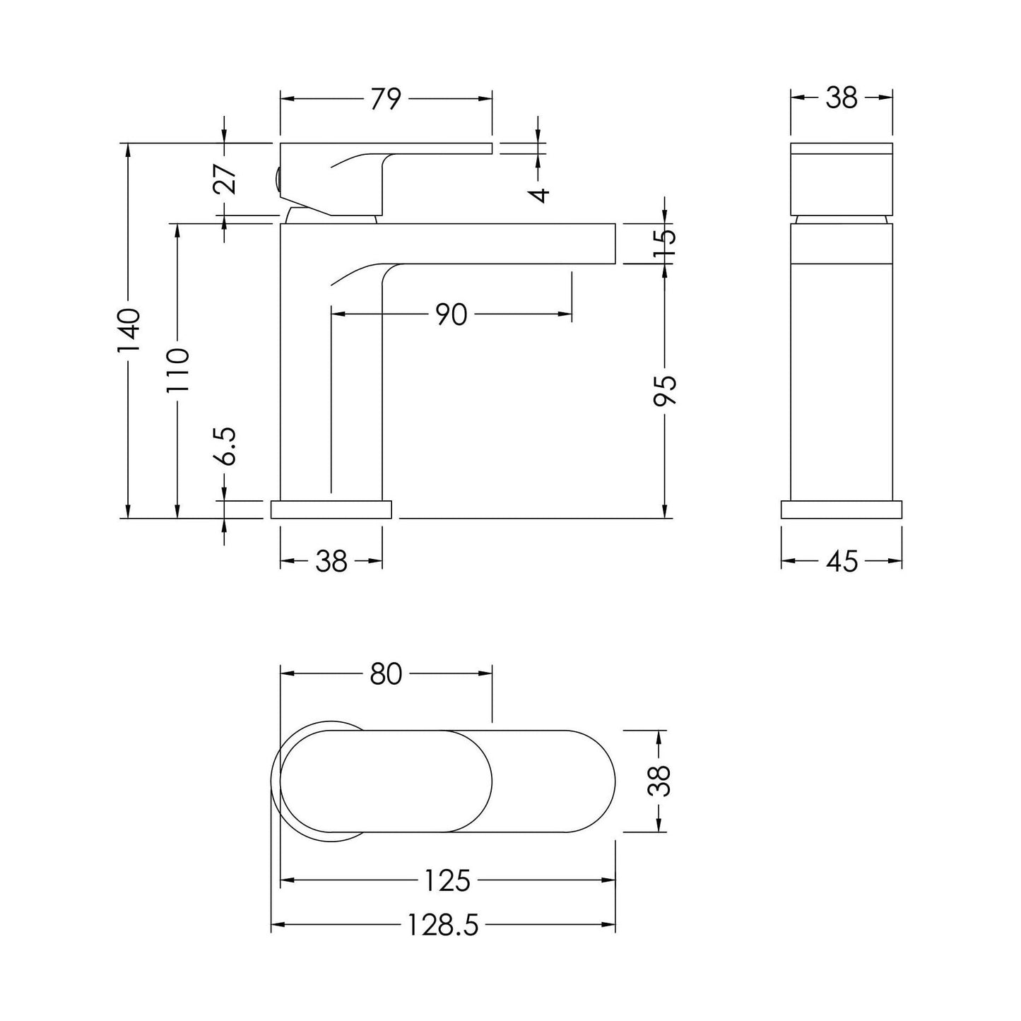 [BTCU315] Balterley Current Round Mini Mono Basin Mixer Tap with Lever Handle & Push Button Waste - Polished Chrome Finish - Technical Drawing