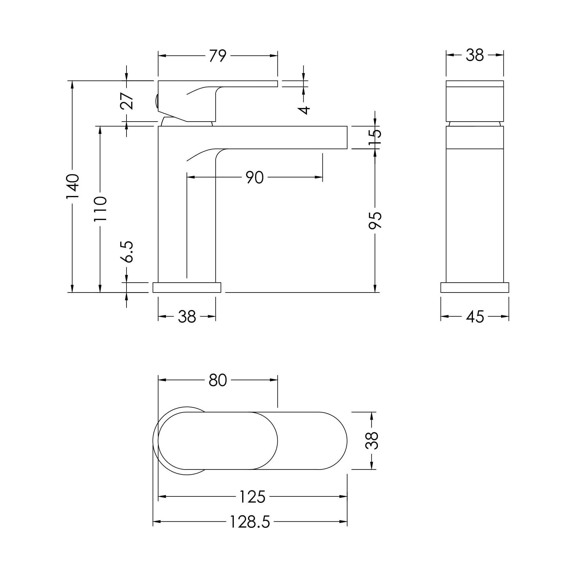 [BTCU315] Balterley Current Round Mini Mono Basin Mixer Tap with Lever Handle & Push Button Waste - Polished Chrome Finish - Technical Drawing