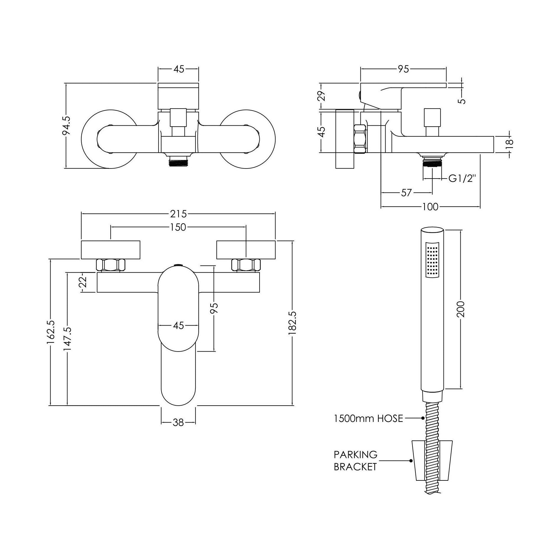 [BTCU316] Balterley Current Modern Wall Mount Round Bath Shower Mixer Tap with Flat Spout & Shower Kit - Chrome Finish - Technical Drawing