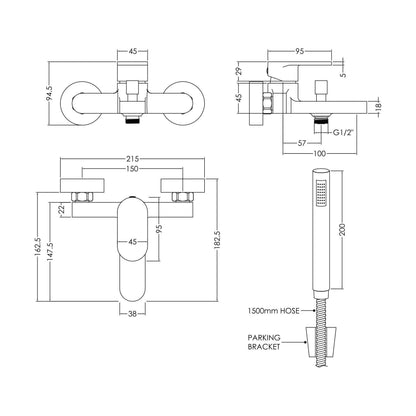 [BTCU316] Balterley Current Modern Wall Mount Round Bath Shower Mixer Tap with Flat Spout & Shower Kit - Chrome Finish - Technical Drawing