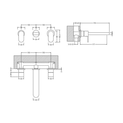 [BTCU317] Balterley Current Modern Round Wall Mount 3 Tap Hole Basin Mixer Tap with Lever Handles and Spout - Chrome Finish - Technical Drawing