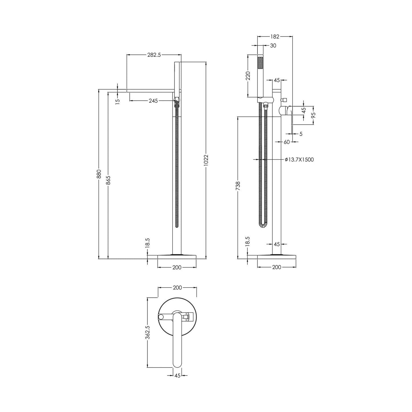 [BTCU321] Enville Modern Freestanding Round Bath Shower Mixer Tap with Lever Handle and Kit - Choice of Colour - Technical Drawing