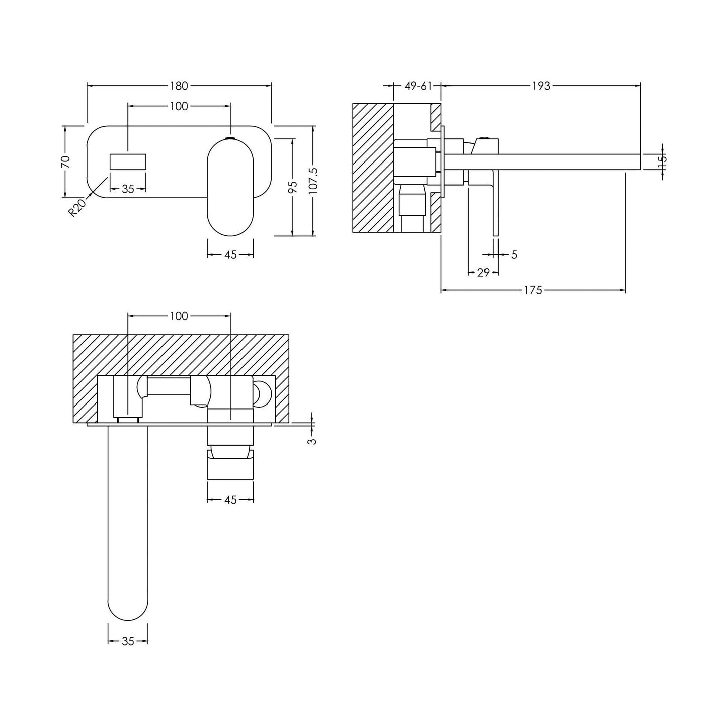 [BTCU328] Enville Round Wall Mount 2 Tap Hole Basin Mixer Tap & Back Plate - Choice of Finish - Technical Drawing