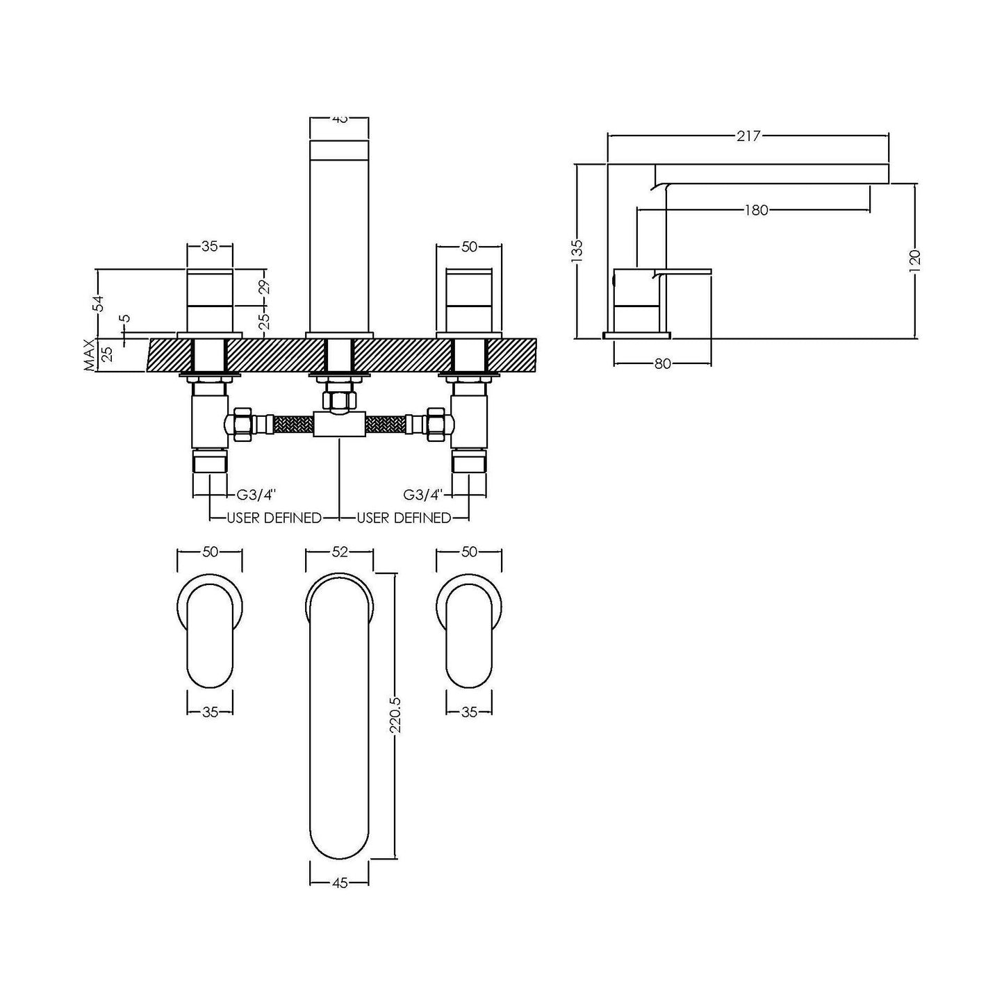 [BTCU333] Balterley Current Modern Round Deck Mounted 3 Tap Hole Bath Filler Tap with Lever Handles and Flat Spout - Chrome Finish - Technical Drawing