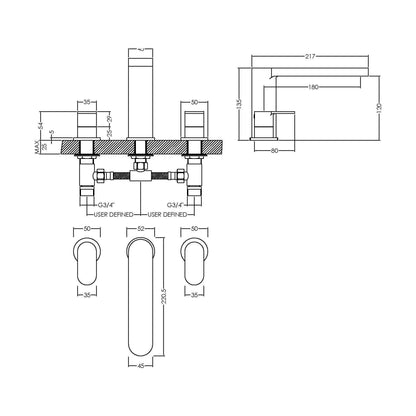 [BTCU333] Balterley Current Modern Round Deck Mounted 3 Tap Hole Bath Filler Tap with Lever Handles and Flat Spout - Chrome Finish - Technical Drawing